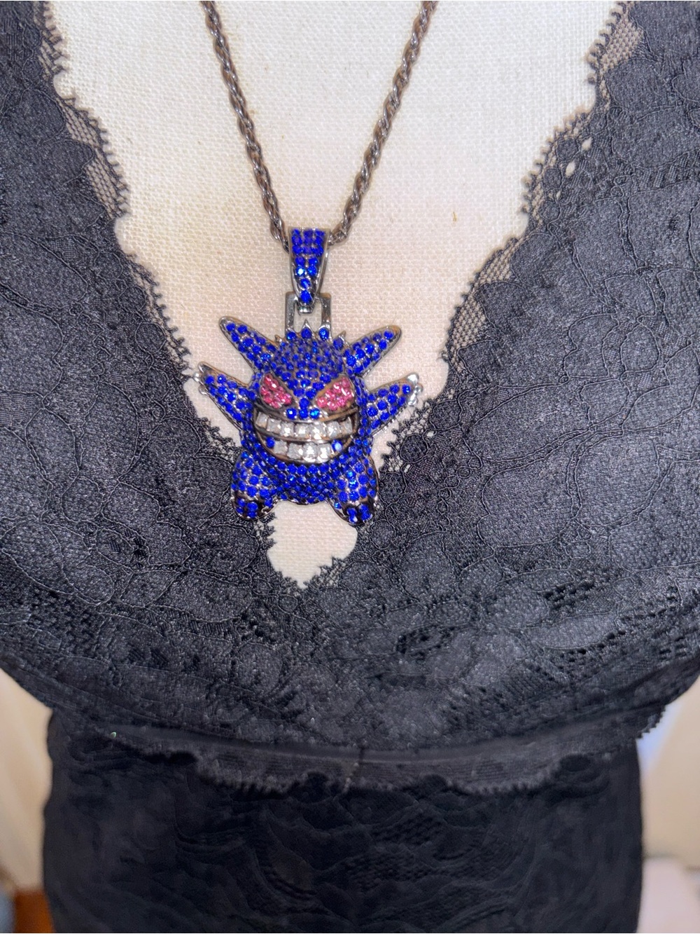 Crystal Pave Black Tone GENGAR Pokemon pendant necklace